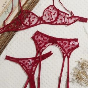 Red heart Mesh lingerie set with garter belt